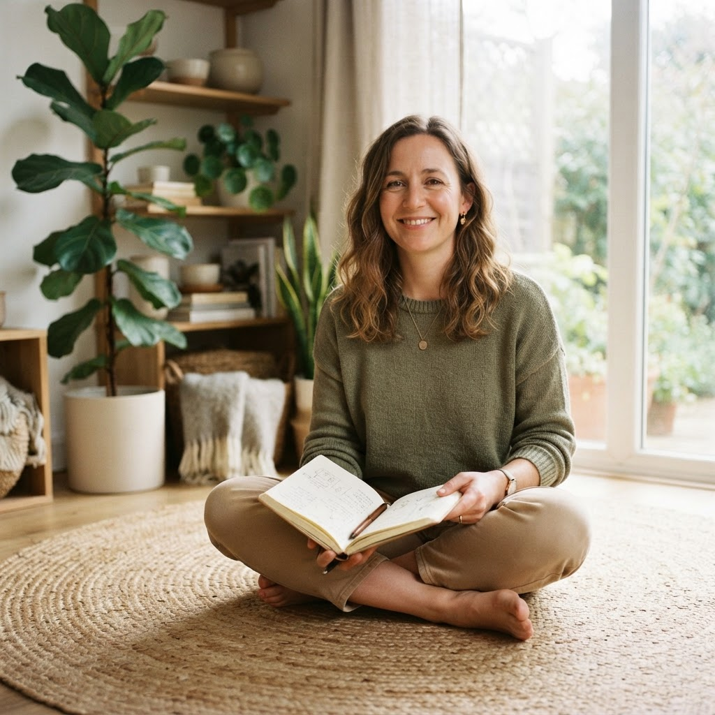 Marley Swarts sitting with a journal in a warm, plant-filled room