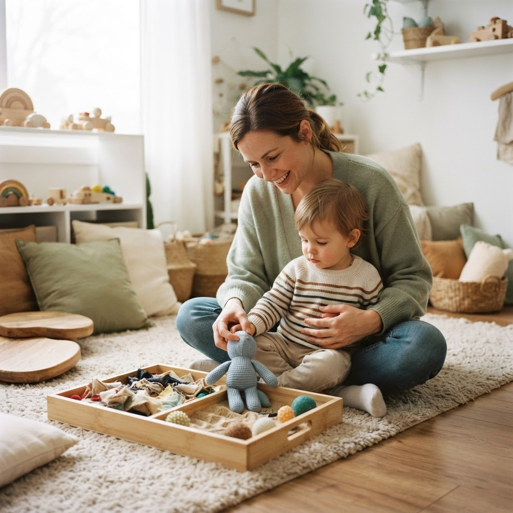 A caregiver sitting at a child's eye level in a calm sensory-friendly playroom