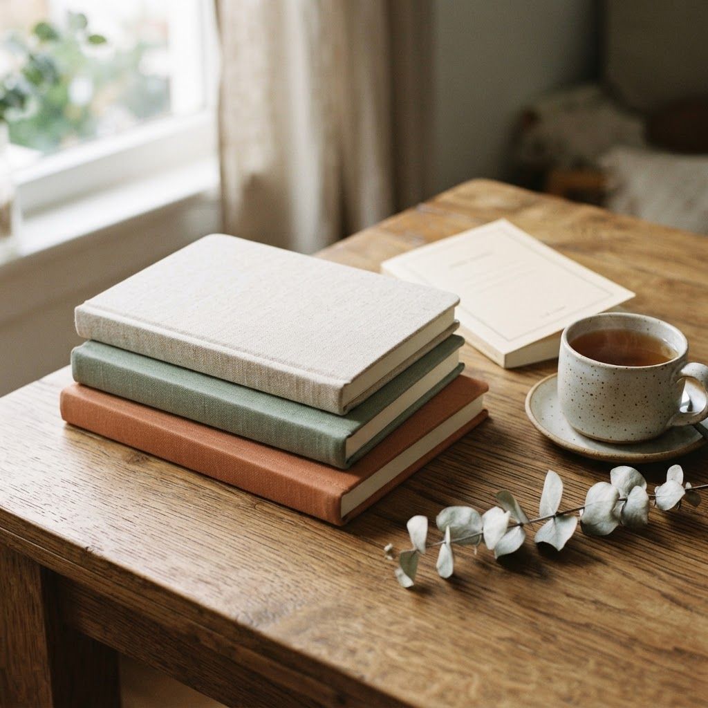 A stack of linen self-care journals and a book styled on a wooden table