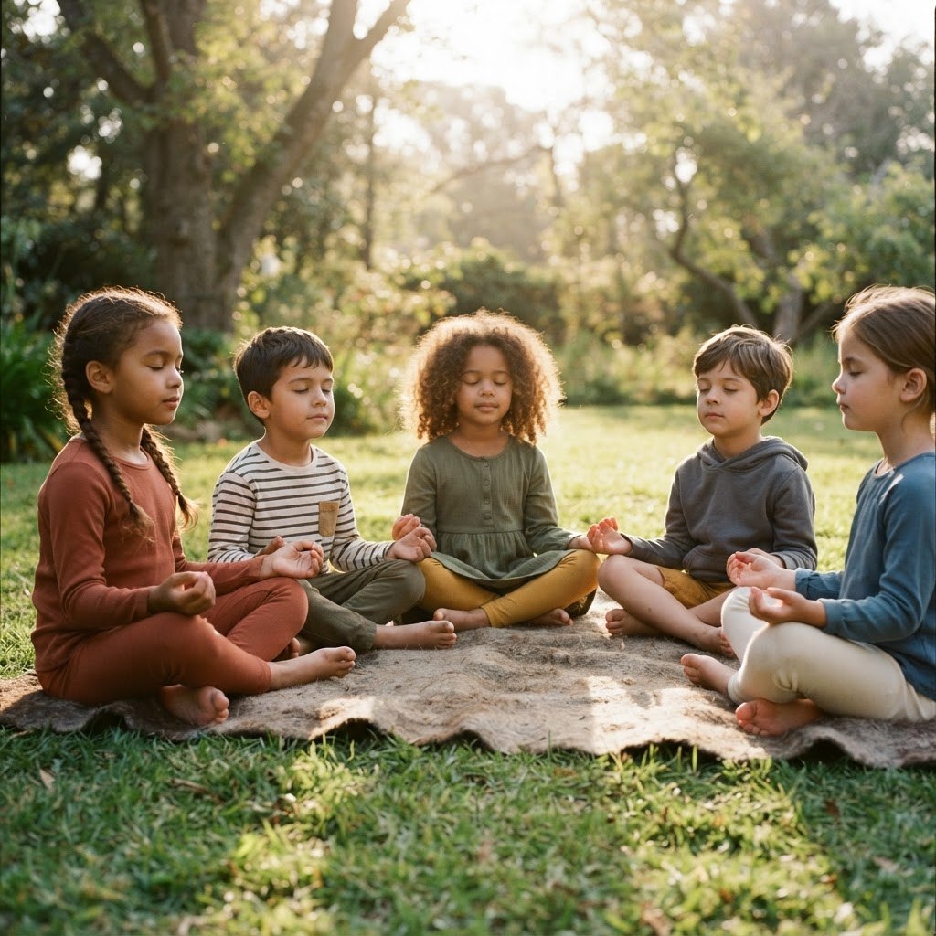 Children sitting in a circle outdoors practicing a breathing exercise