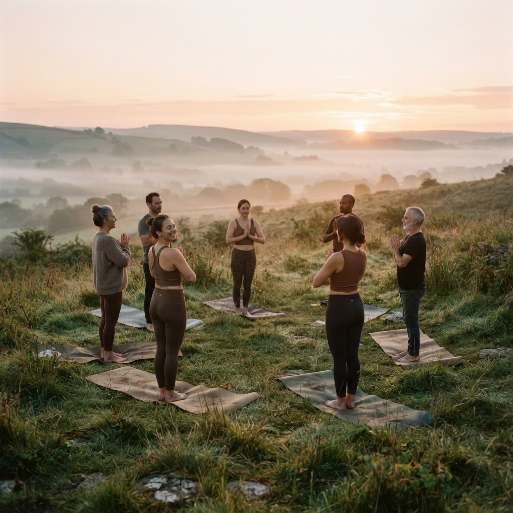 A small group practicing gentle yoga together outdoors at sunrise