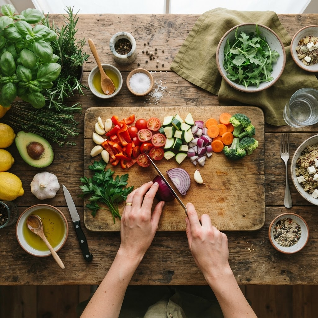 Fresh vegetables and herbs being prepared for a healthy-eating workshop